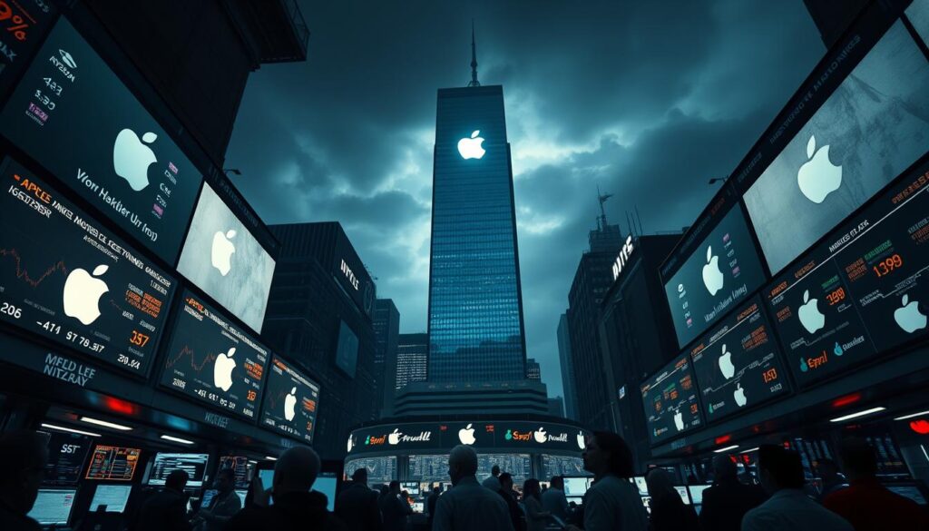 A dramatic, cinematic scene of the Apple stock market implications. In the foreground, an ominous Wall Street trading floor, with traders feverishly buying and selling Apple shares against a backdrop of flashing digital screens displaying stock charts and financial data. In the middle ground, a towering skyscraper emblazoned with the Apple logo, casting an imposing shadow over the bustling activity below. The sky is dark and foreboding, hinting at the uncertainty and high-stakes nature of the unfolding events. Dramatic lighting, with sharp contrasts between light and shadow, creates a tense, atmospheric mood. The composition is dynamic, with diagonal lines and a sense of movement, capturing the volatility and energy of the stock market.