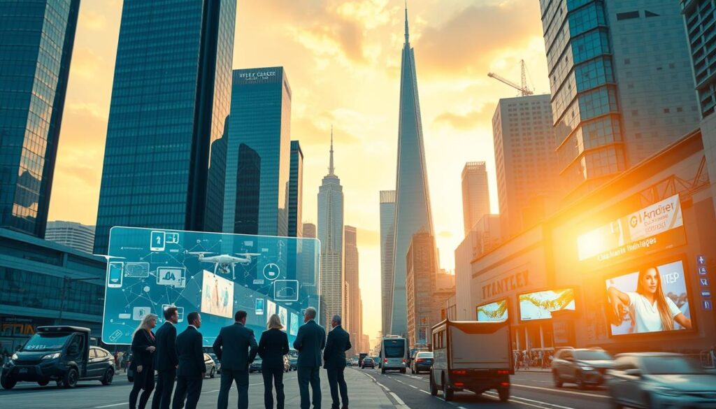 A dynamic cityscape with towering skyscrapers and sleek, modern architecture. In the foreground, a group of people in business attire gathered around a holographic display, discussing digital initiatives. The middle ground features a bustling street filled with self-driving vehicles, drones, and augmented reality billboards. The background is bathed in a warm, golden light, suggesting a prosperous and technologically advanced future. The scene conveys a sense of progress, innovation, and the transformative power of government-led digital economy programs.