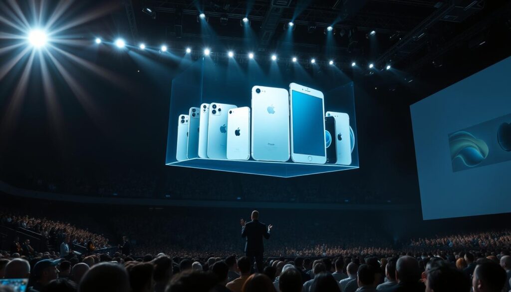 A large conference hall filled with anticipation, bright stage lights casting dramatic shadows. On the stage, a towering holographic display showcases sleek, futuristic Apple devices - iPhones, iPads, and Macs in gleaming metallic finishes. The atmosphere crackles with energy as the crowd eagerly awaits the company's revolutionary announcements. In the foreground, a lone presenter stands confidently, gesturing towards the captivating visuals. The image conveys a sense of technological innovation, precision, and Apple's unwavering commitment to pushing the boundaries of consumer electronics.