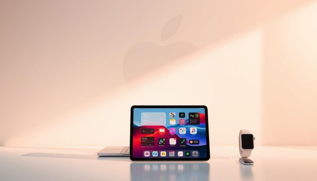 A sleek, minimalist workspace with an Apple product lineup in the foreground. In the center, a new iPad Pro displays innovative user interface elements, surrounded by a MacBook Pro and Apple Watch. The background features a large, abstract render of the Apple logo, bathed in soft, warm lighting that creates an air of anticipation and progress. The composition exudes a sense of seamless integration between Apple's hardware and software, hinting at the future direction of the company's product ecosystem.
