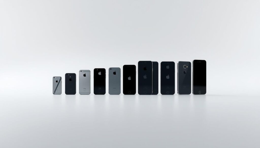 A sleek progression of iconic Apple iPhone designs, showcased against a backdrop of clean, minimalist space. The foreground features a dynamic arrangement of iPhone models, each capturing the evolution of form, function, and technological advancements. Soft, directional lighting accentuates the striking silhouettes and gleaming metal surfaces, while a muted, reflective ground adds depth and sophistication. The middle ground subtly blends into a neutral, ethereal environment, allowing the devices to take center stage. An overall sense of refined, elegant simplicity, reflecting the timeless appeal and innovative spirit that has defined the iPhone's journey.