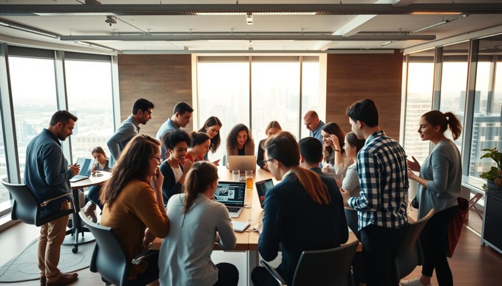 A vibrant and inclusive UK tech sector, with a diverse array of professionals collaborating in a modern, well-lit open-plan office. In the foreground, people of various ages, ethnicities, and genders engage in animated discussions around a central table, exchanging ideas and brainstorming solutions. The middle ground features smaller groups huddled over laptop screens, while the background showcases a panoramic view of the city skyline through floor-to-ceiling windows, bathed in warm, natural lighting. An atmosphere of creativity, innovation, and equal opportunity permeates the scene, reflecting the dynamic and progressive nature of the UK's thriving tech ecosystem.